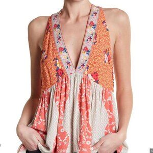 Free People Floral Halter Tank Top - Orange and Cream